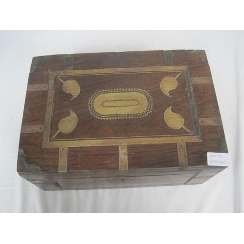 16 - A vintage hardwood and brass inlaid jewellery or sewing box with some a/f faults and losses. Of midd... 