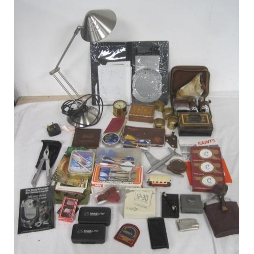 5 - A box of interesting assorted items including an asa E6-B flight computer, hip flask, darts, clock, ... 