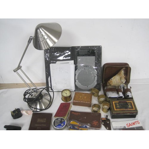 5 - A box of interesting assorted items including an asa E6-B flight computer, hip flask, darts, clock, ... 