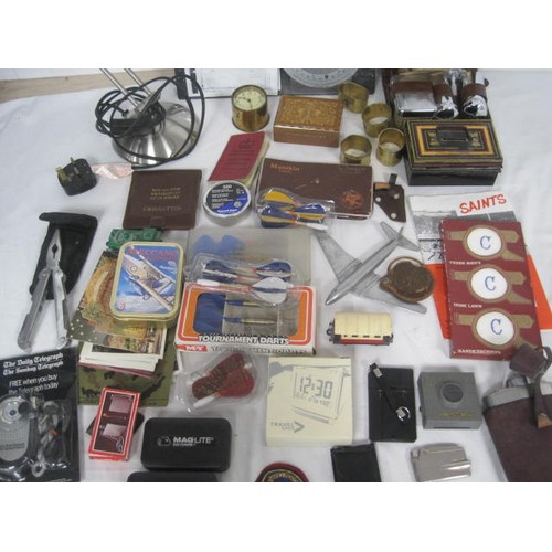 5 - A box of interesting assorted items including an asa E6-B flight computer, hip flask, darts, clock, ... 