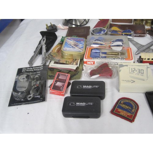 5 - A box of interesting assorted items including an asa E6-B flight computer, hip flask, darts, clock, ... 