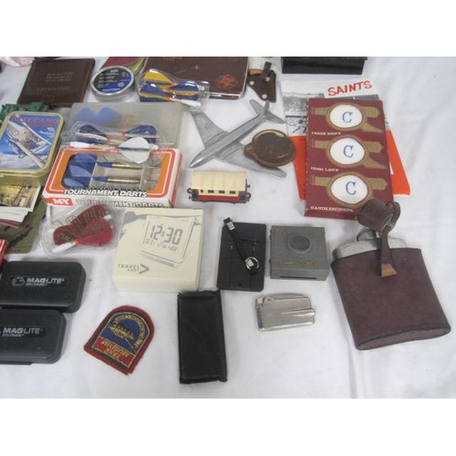 5 - A box of interesting assorted items including an asa E6-B flight computer, hip flask, darts, clock, ... 