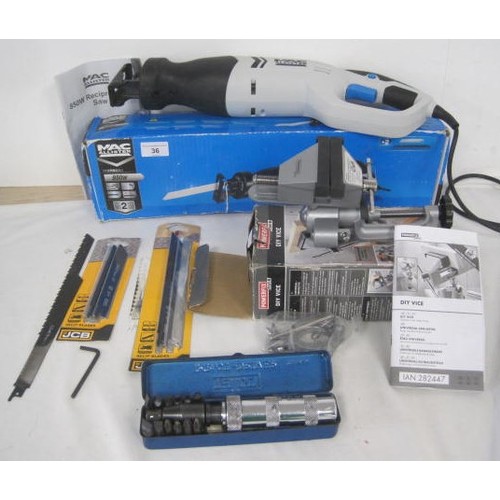 36 - MacAllister 850W reciprocating saw MSRS850 in box, together with a Talco impact driver, and a boxed ... 