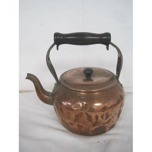 37 - A Tayee Taiwan copper kettle with blue and white china handle and knop, a vintage hammered copper ke... 