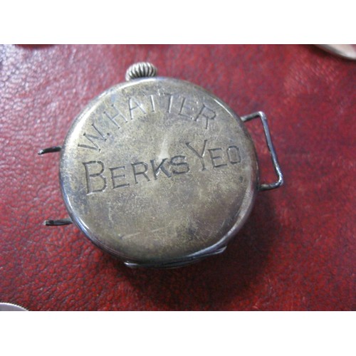 204 - A WW1 trench watch with Swiss mechanism in silver case, a/f, engraved 'W Hatter Berks Yeo' to revers... 