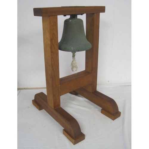 275 - RAF Scramble Bell. A bronze bell mounted on an iroko hardwood stand. With a brass plaque attached wh... 