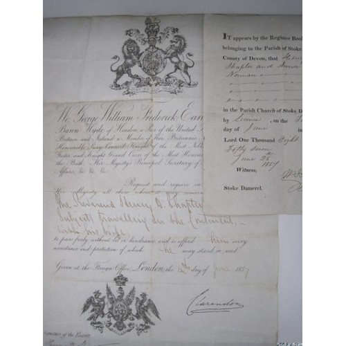 313 - An 1857 paper passport for the Reverend Henry D Shapter & his wife, to travel freely anywhere? Issue... 