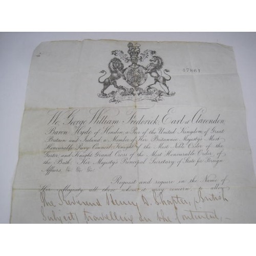 313 - An 1857 paper passport for the Reverend Henry D Shapter & his wife, to travel freely anywhere? Issue... 