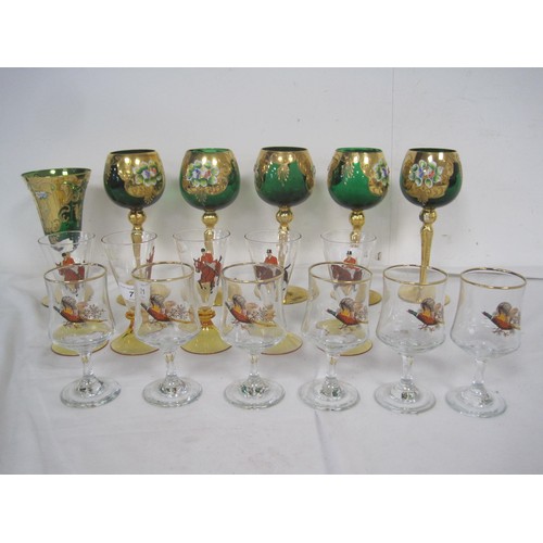 71 - A set of six vintage Pheasant wine glasses along with a set of six Art deco style hunting glasses , ... 