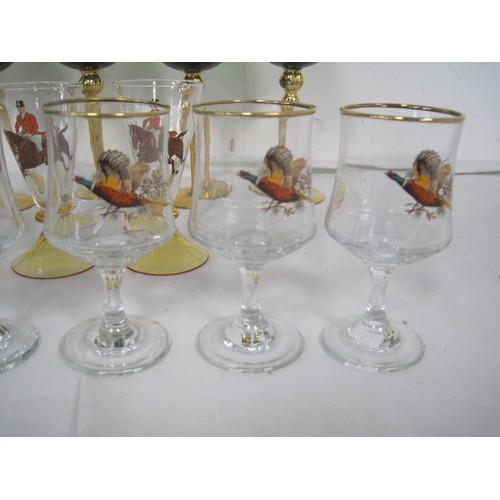 71 - A set of six vintage Pheasant wine glasses along with a set of six Art deco style hunting glasses , ... 