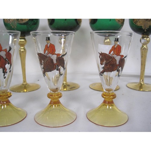 71 - A set of six vintage Pheasant wine glasses along with a set of six Art deco style hunting glasses , ... 