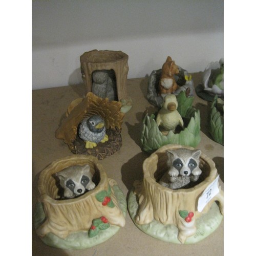 72 - Thirteen Franklin Porcelain Animals in realistic settings Frog in a lily, Raccoon in a tree stump et... 