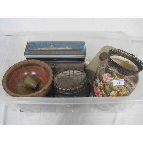 76 - A clear plastic crate contains two Bedwarmers ,two items of treen, Two ceramic vases and a tin from ... 