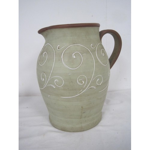 59 - Three Jugs including a very large Denby 1930s jug with tube lined decoration 14 inches. A Parian war... 