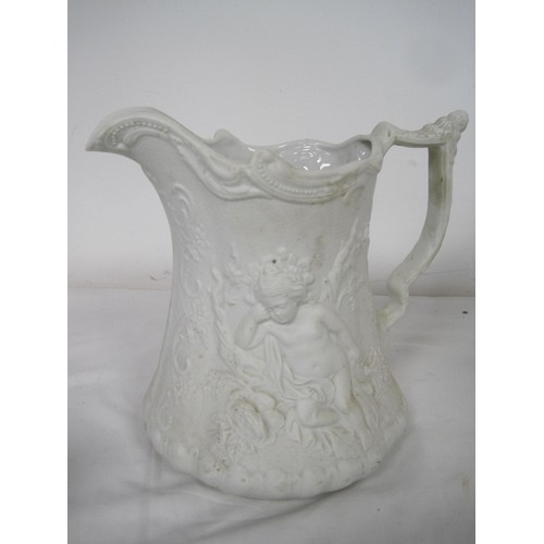 59 - Three Jugs including a very large Denby 1930s jug with tube lined decoration 14 inches. A Parian war... 