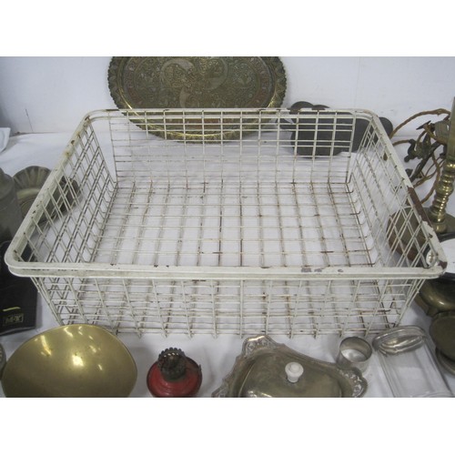 79 - A Mesh Metal storage container with a whole host of interesting items to include horse Brasses, Silv... 