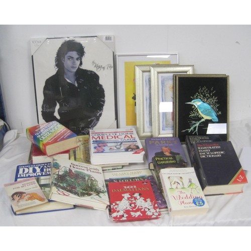 29 - A box of general books, pictures and prints, and an Icons by Leonardo print of Michael Jackson