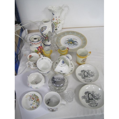 115 - A cardboard box full of Ceramics along with a glass sugar cube bowl. Manufacturers include Aynsley, ... 