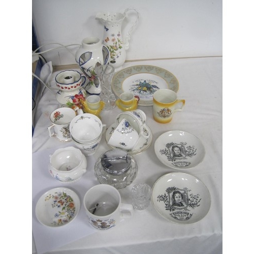 115 - A cardboard box full of Ceramics along with a glass sugar cube bowl. Manufacturers include Aynsley, ... 