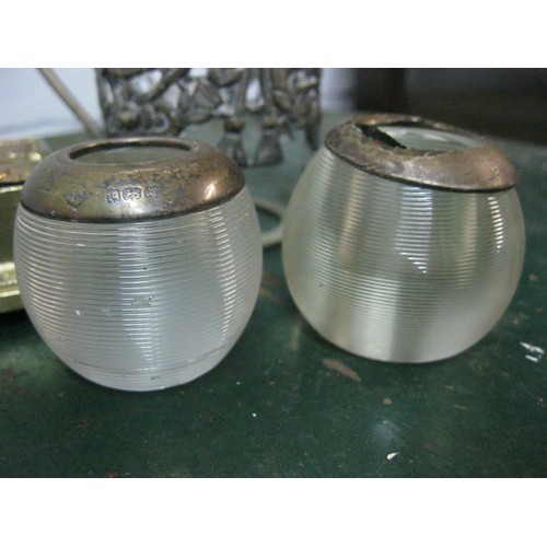 206 - A pair of graduated ribbed glass pots with silver collars, the collar a/f to one, an Assyrian style ... 