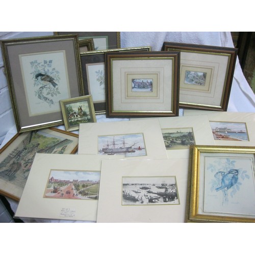 248 - A box of prints of birds, matte mounted vintage postcards, a framed tile etc