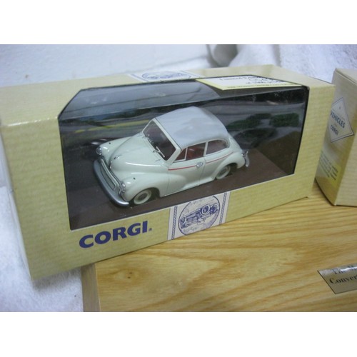 257 - Three boxed and unopened Corgi Classic Vehicles Morris Minor die cast cars plus a bag of playworn 19... 