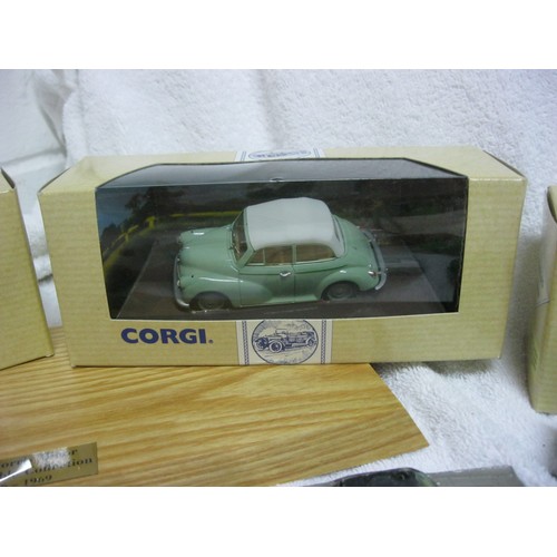 257 - Three boxed and unopened Corgi Classic Vehicles Morris Minor die cast cars plus a bag of playworn 19... 