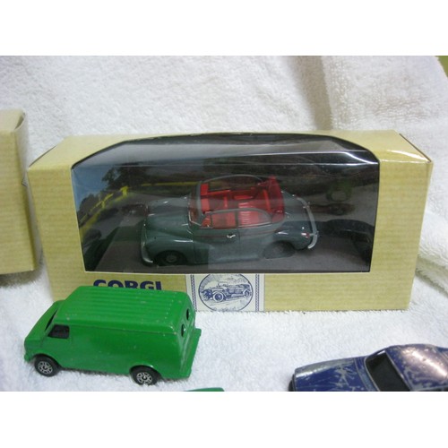 257 - Three boxed and unopened Corgi Classic Vehicles Morris Minor die cast cars plus a bag of playworn 19... 