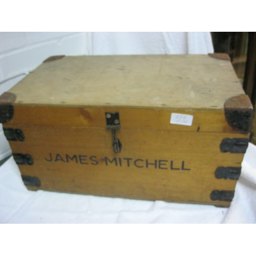 258 - A metal-bound wooden footlocker, named 'James Mitchell' to front