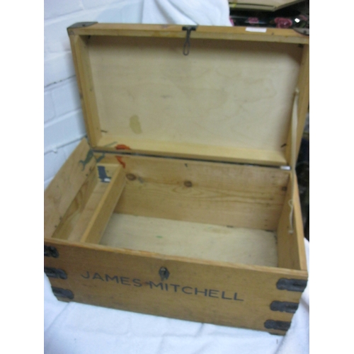 258 - A metal-bound wooden footlocker, named 'James Mitchell' to front