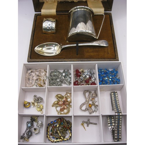 146 - A small box of good quality costume jewellery plus a cased christening set, the latter silver plated... 