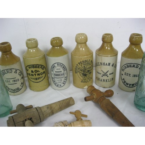 152 - 6 Codd bottles, 6 stoneware ginger beer bottles and 3 wooden spigots, all in good order