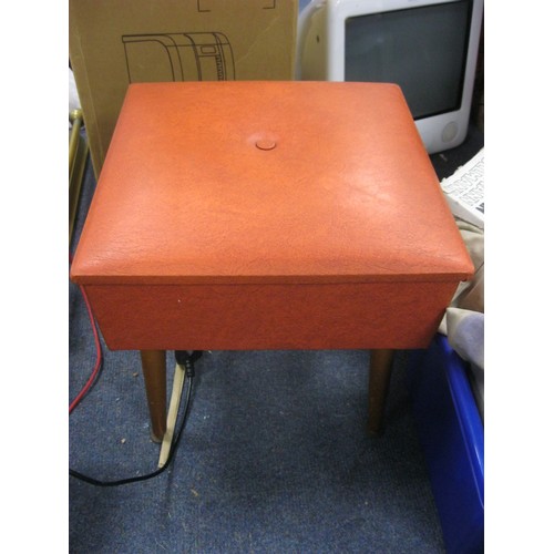 162 - A red 1960s freestanding sewing box with padded top, plus contents