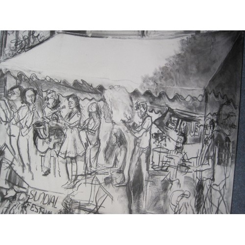 305 - Dorset interest - a large charcoal on canvas drawing of performing musicians at Sundial Festival at ... 