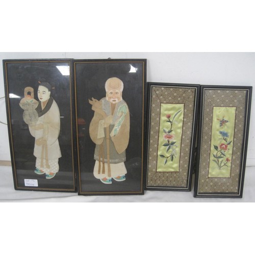 367 - A pair of Chinese paper and silk pictures - a robed man holding sceptre, and woman holding basket. P... 