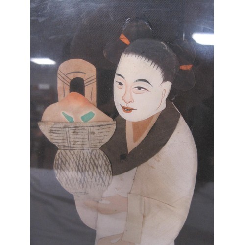 367 - A pair of Chinese paper and silk pictures - a robed man holding sceptre, and woman holding basket. P... 