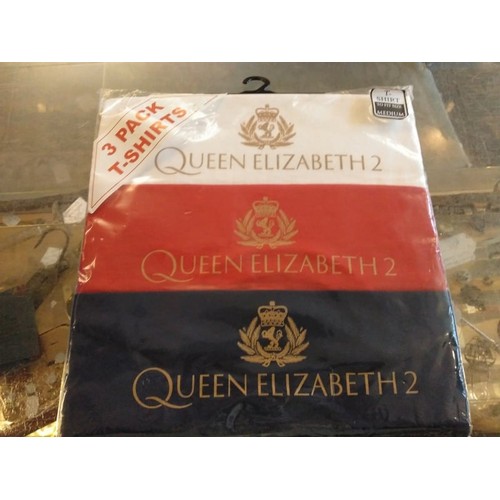 413 - RMS Queen Elizabeth 2 original pack of 3 tee shirts names to the ocean liner, coloured red, white an... 