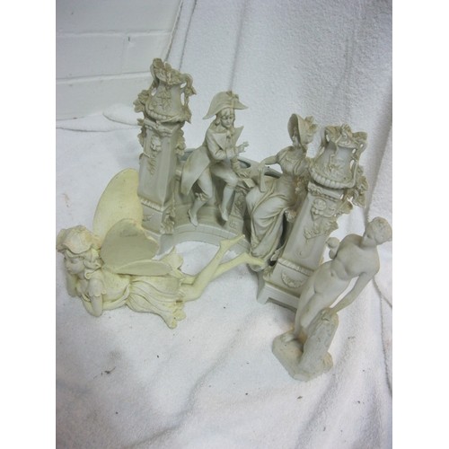 408 - An antique parianware type figural centrepiece, and a pair of more modern white statues, one of a wo... 