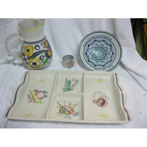 388 - A Poole Pottery jug, napkin ring, 1996 Poole Collector's Club footed bowl and a segmented crudite di... 