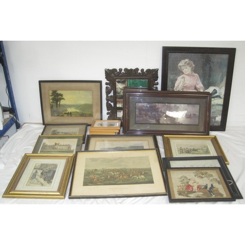 178 - An assortment of pictures and prints, including coloured engravings, hunting theme, Melbury House, C... 