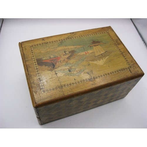 196 - An a/f restoration project Japanese inlaid wooden puzzle box. Overall about 9cm x 12.5cm x 18cm.  In... 