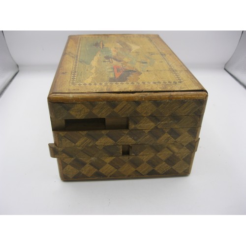 196 - An a/f restoration project Japanese inlaid wooden puzzle box. Overall about 9cm x 12.5cm x 18cm.  In... 