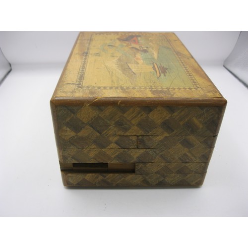 196 - An a/f restoration project Japanese inlaid wooden puzzle box. Overall about 9cm x 12.5cm x 18cm.  In... 