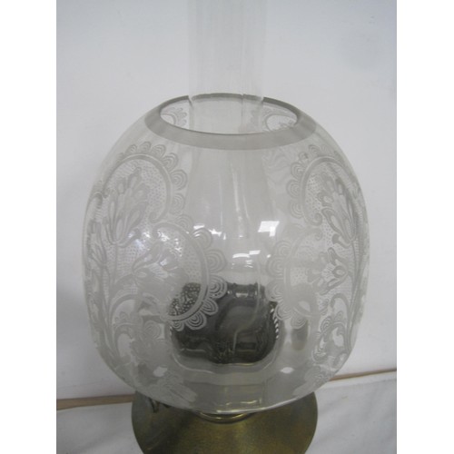 21 - Three oil lamps (two of which have etched glass shade, Maple Hinks Patent and Messenger No. 2), and ... 