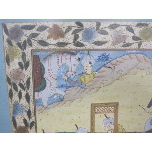 61 - An Indian painting on silk, depicting a scene with several figures, tending a garden, examining obje... 