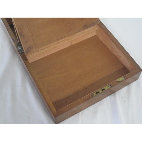 63 - Small mahogany writing slope with glass inkwell and key. Dimensions closed 13cm x 21cm x 26cm