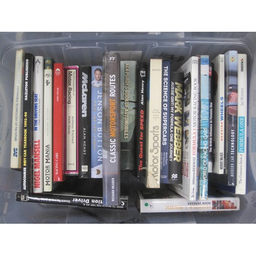 77 - A plastic crate of motoring and motor sport books, including Ken Purdy's Book of Automobiles, How to... 