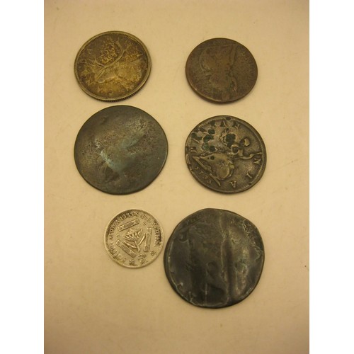 51 - A small assortment of coinage comprising a South Africa 1933 3d, Canada 1955 25c (both silver), a 16... 