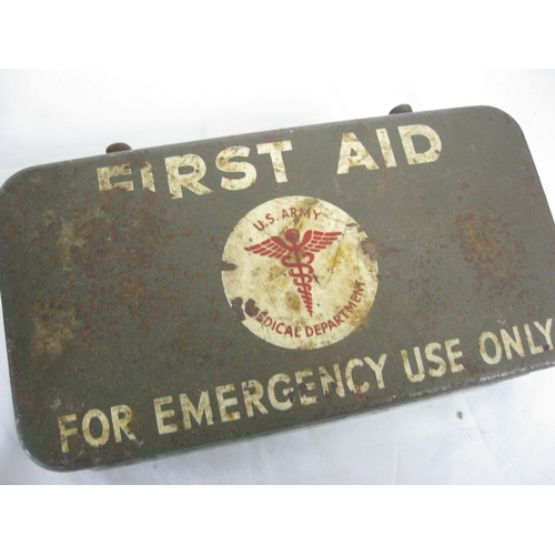 122 - A WW2 ARP First Aid tin, empty, and a US Army Medical Department First Aid tin with contents as pict... 