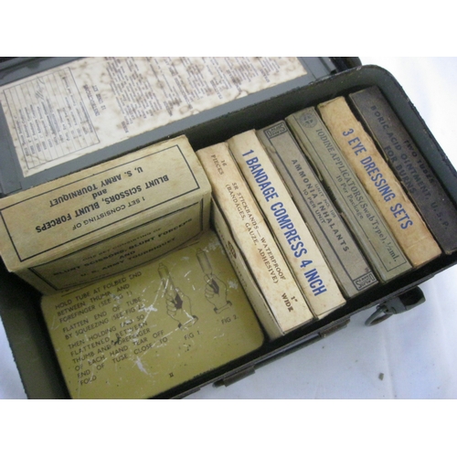 122 - A WW2 ARP First Aid tin, empty, and a US Army Medical Department First Aid tin with contents as pict... 